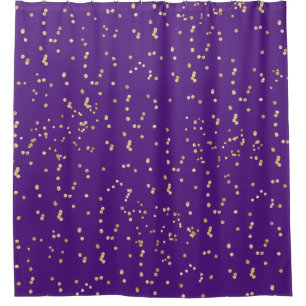 Purple with gold confetti scattered polka dots shower curtain