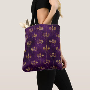 PURPLE WITH GOLD HALLOWEEN GOTHIC CHANDELIERS TOTE BAG
