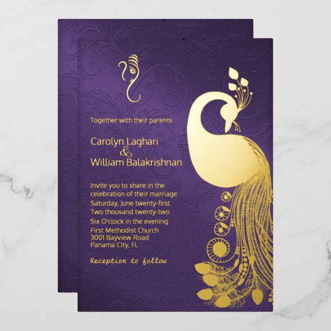 Purple with Gold Peacock and Ganesha Wedding  (Front/Back)
