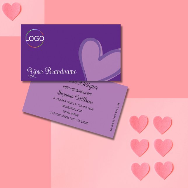 Purple with Gorgeous Lilac Heart and Logo Modern Business Card (Creator Uploaded)