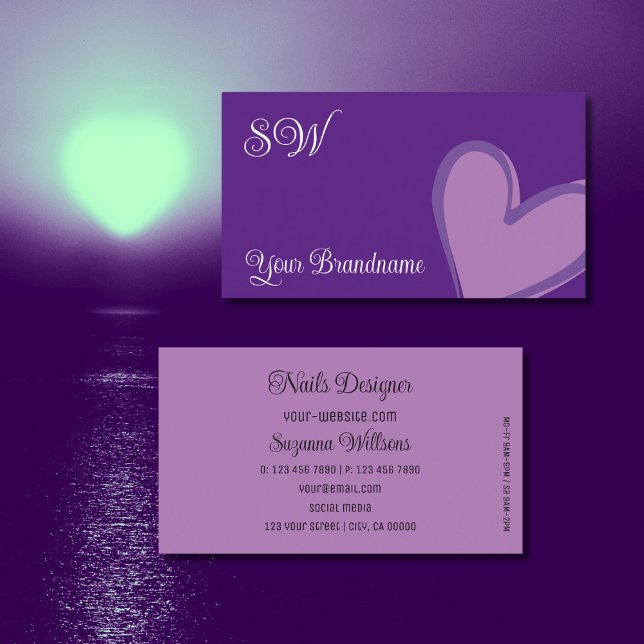 Purple with Gorgeous Lilac Heart and Monogram Cute Business Card (Creator Uploaded)