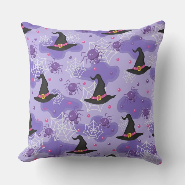PURPLE WITH HALLOWEEN WITCHES HATS & SPIDERS CUSHION (Front)