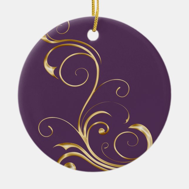 Purple with Ornate Gold Swirls Christmas Ornament (Front)