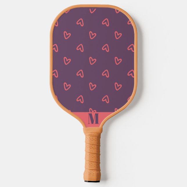 Purple with Pink Hearts Modern Monogram Pickleball Paddle (Back)