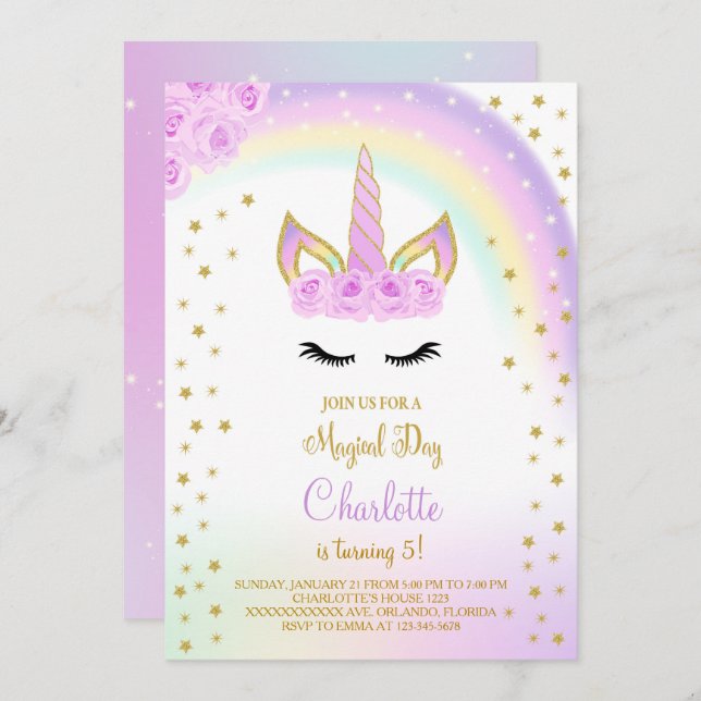 Purple With Rainbow Unicorn Invite (Front/Back)