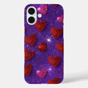 PURPLE WITH RED & PINK GLITTER LOOK HEARTS iPhone 16 PLUS CASE
