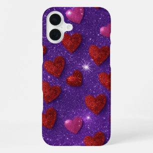 PURPLE WITH RED & PINK GLITTER LOOK HEARTS iPhone 16 PLUS CASE