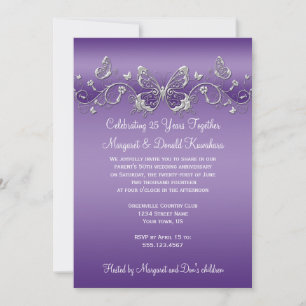 Purple with Silver Butterflies 25th Anniversary Invitation