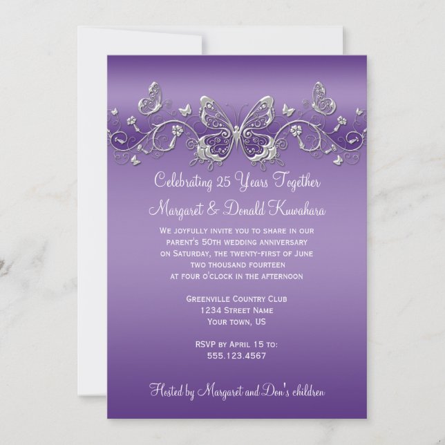 Purple with Silver Butterflies 25th Anniversary Invitation (Front)