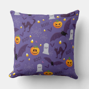 PURPLE WITH TOMBSTONES ORANGE PUMPKINS BATS CUSHION