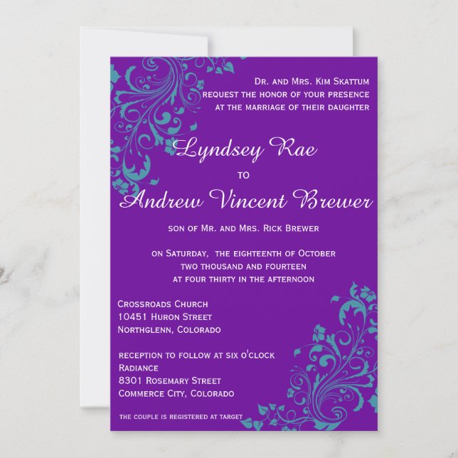 Purple with Turquoise Swirls Wedding Ivitation Invitation (Front)