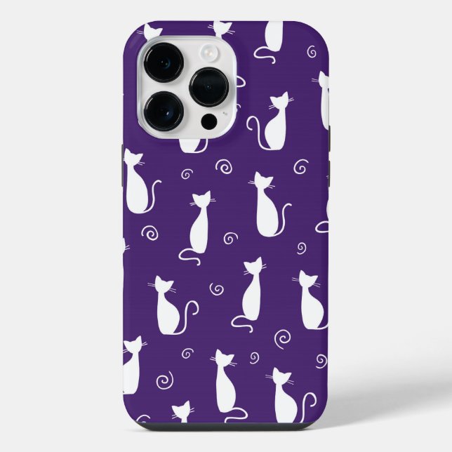PURPLE WITH WHITE SITTING CAT PATTERN iPhone CASE (Back)
