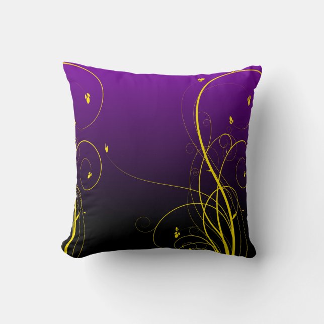 Purple with Yellow Flourish Design Throw Pillow (Front)