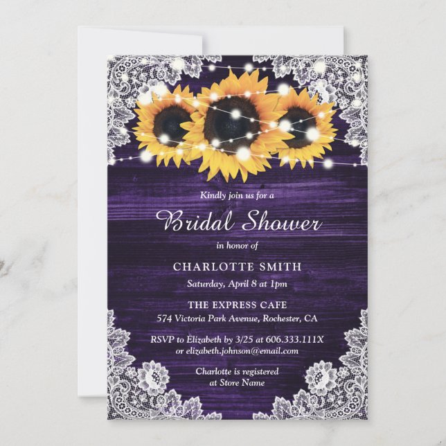 Purple Wood and Lace Sunflower Bridal Shower Invitation (Front)