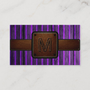 Purple Wood Brown Leather Look Monogram Business Card