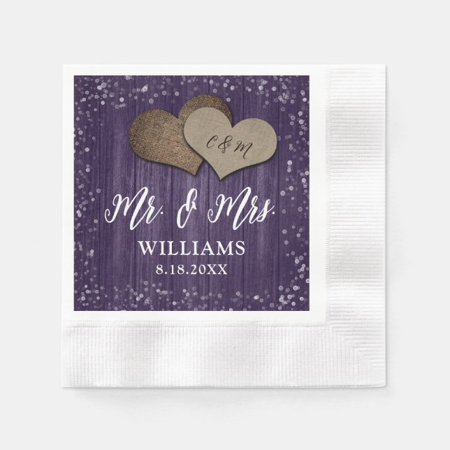 Purple Wood Burlap Hearts Mr. & Mrs. Wedding Napkin (Front)