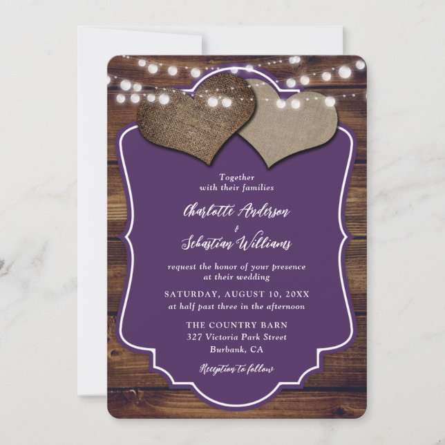 Purple Wood Burlap Hearts String Lights Wedding Invitation (Front)
