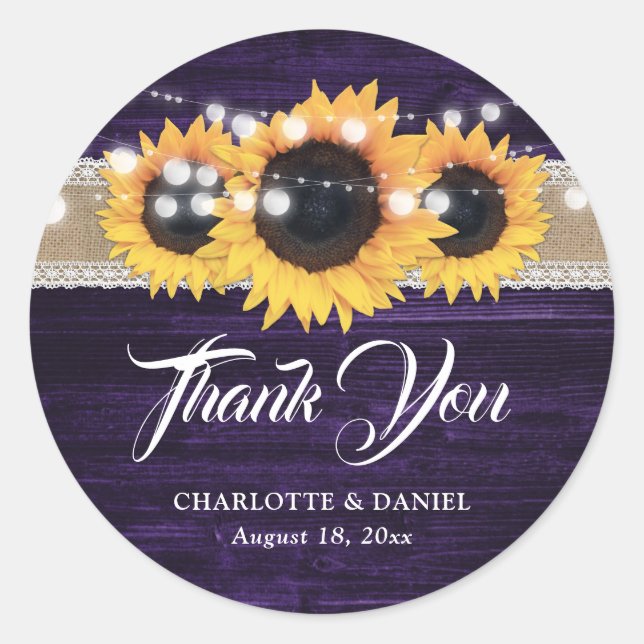 Purple Wood Burlap Lace Sunflower Wedding Classic Round Sticker (Front)