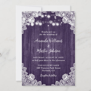 Purple Wood Floral Lace Romantic Rustic Wedding Invitation