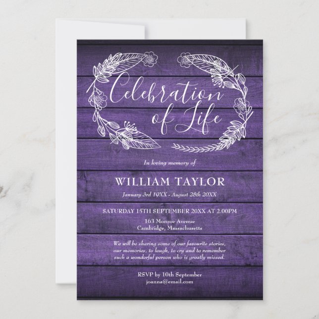 Purple Wood Foliage Celebration of Life Funeral Invitation (Front)