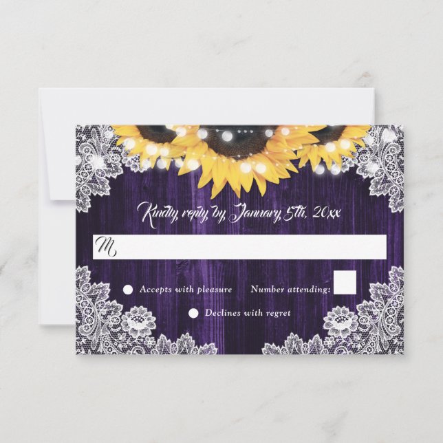 Purple Wood Lace Sunflower Wedding RSVP Cards (Front)