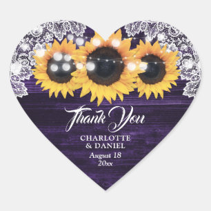 Purple Wood Lace Sunflower Wedding Thank You Heart Sticker