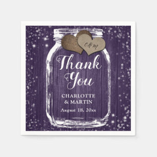 Purple Wood Mason Jar Two Hearts Thank You Wedding Napkin