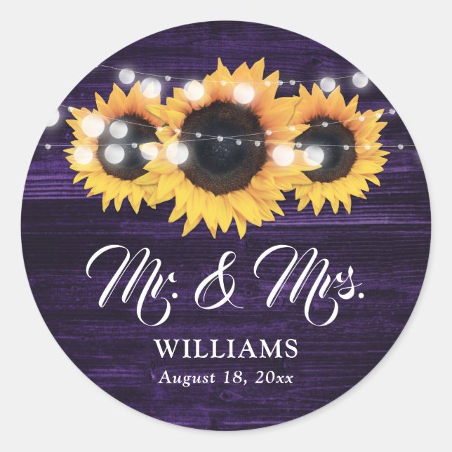 Purple Wood Mr and Mrs Sunflower Wedding Classic Round Sticker (Front)