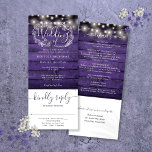Purple Wood String Lights All In One Wedding Invitation<br><div class="desc">An all-in-one wedding invitation featuring pretty string lights and elegant typography on a rustic purple wood background. The invitation includes an RSVP card that can be cut off and guest information details. Designed by Thisisnotme©</div>