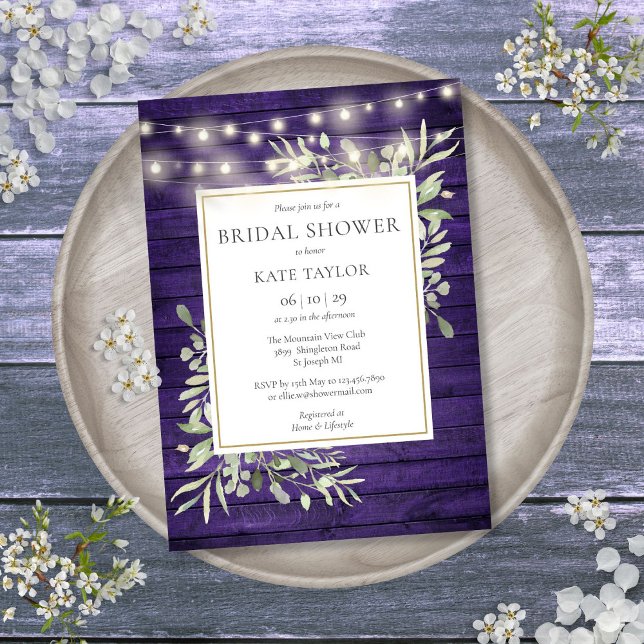 Purple Wood String Lights Greenery Bridal Shower Invitation (Purple Wood String Lights Greenery Bridal Shower Invitation)
