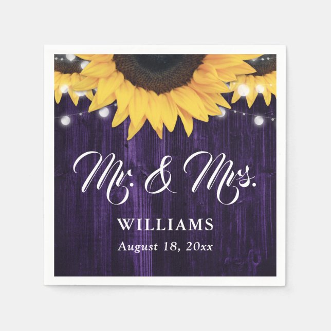 Purple Wood String Lights Sunflower Wedding Napkin (Front)