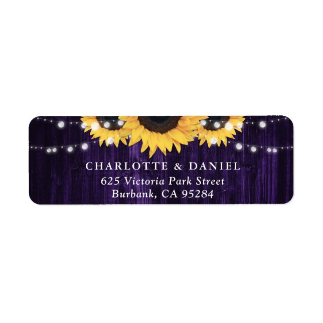 Purple Wood String Lights Sunflower Wedding Return Address Label (Front)