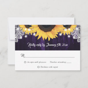 Purple Wood String Lights Sunflower Wedding RSVP Card