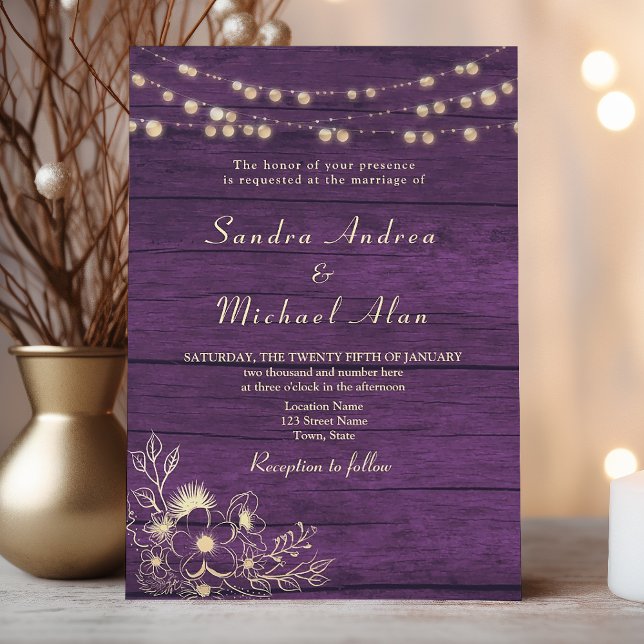 Purple Wood String Lights Wedding Invitation (Creator Uploaded)