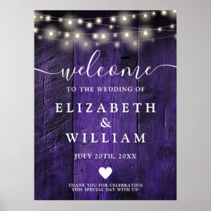 Purple Wood String Lights Wedding Welcome Sign