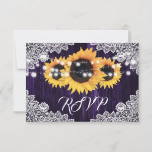 Purple Wood Sunflower Floral Lace Wedding RSVP Card
