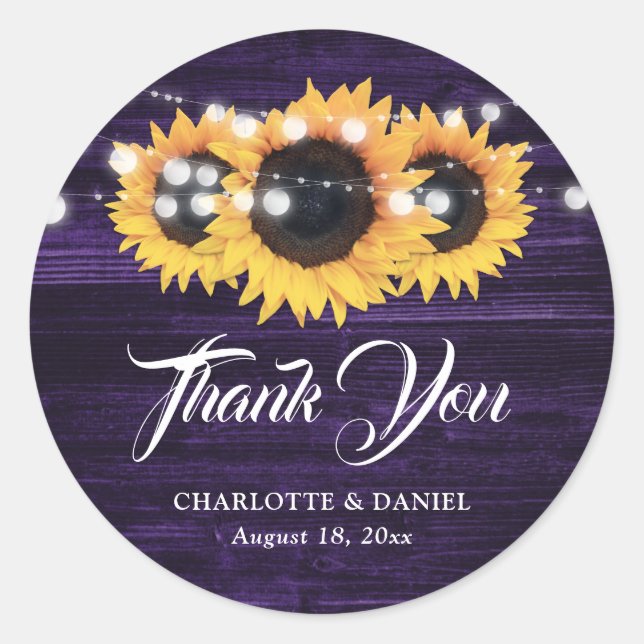Purple Wood Sunflower Wedding Thank You Classic Round Sticker (Front)