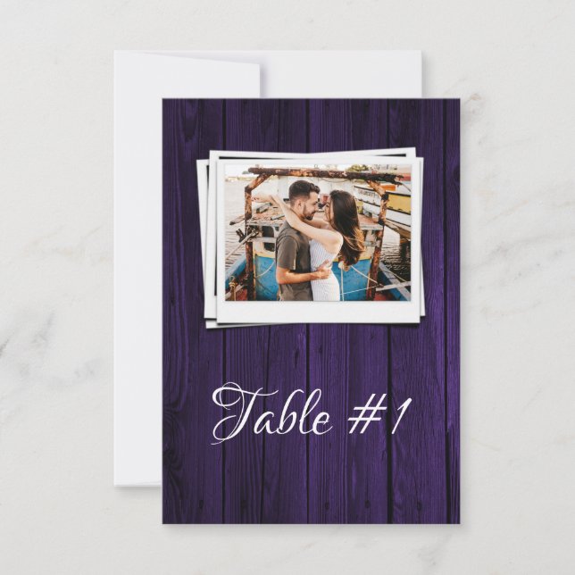 Purple Wooden Photo Reception Table Card (Front)