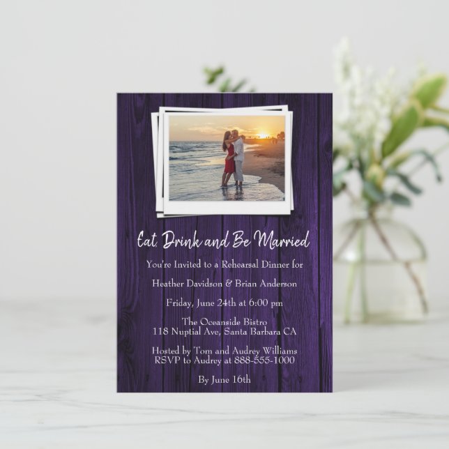Purple Wooden Photo Rehearsal Dinner Invite (Standing Front)