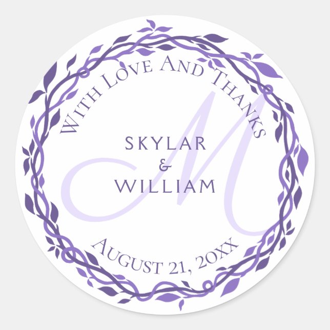 Purple Woodsy Wedding Monogram Love And Thanks Classic Round Sticker (Front)