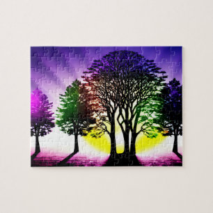 Purple World with Silhouetted Black Trees Jigsaw Puzzle
