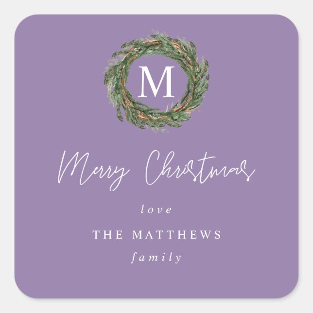 Purple Wreath Monogram Merry Christmas Gift Square Sticker (Front)