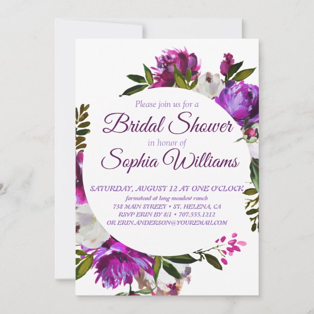 Purple wreath of peonies  Bridal Shover Invitation (Front)