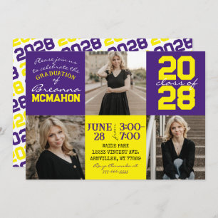 Purple & Yellow 3 Photo Graduation Invitation