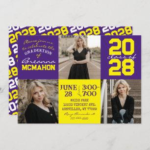 Purple & Yellow 3 Photo Graduation Invitation