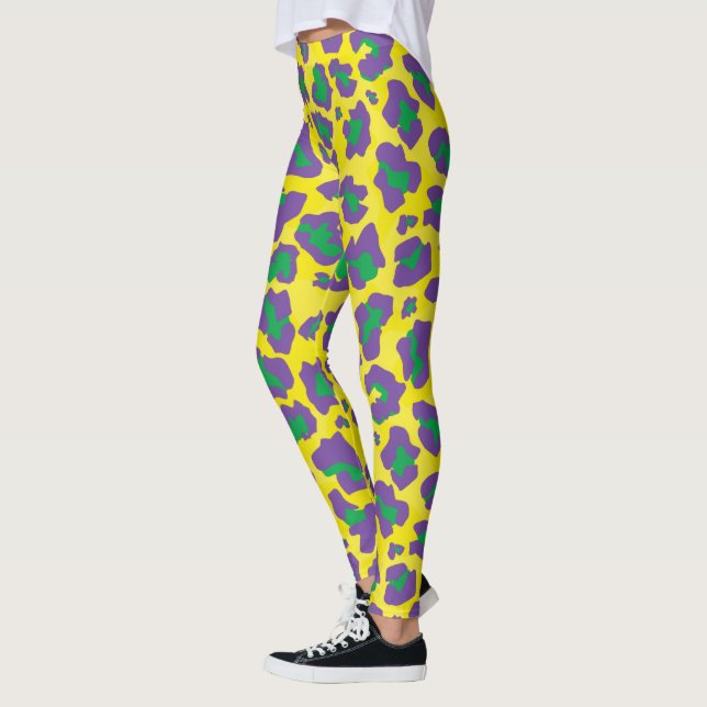Purple, yellow and green leopard print leggings (Left)