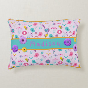 Purple, yellow and teal little girl's personalised decorative cushion