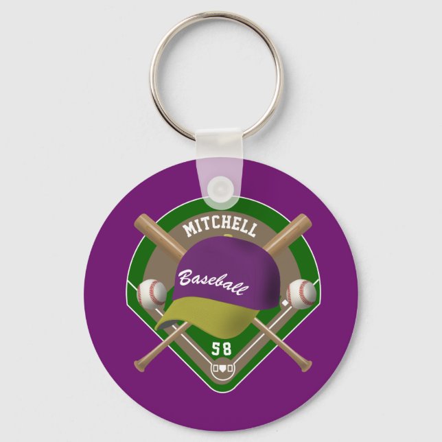 Purple |Yellow Baseball Diamond Player Name Number Key Ring (Front)