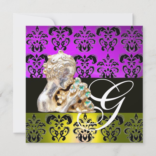 PURPLE ,YELLOW ,BLACK, WHITE DAMASK JEWEL MONOGRAM INVITATION (Front)