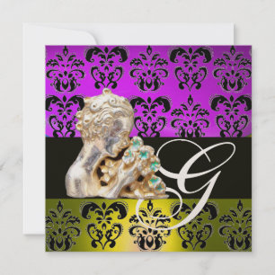 PURPLE ,YELLOW ,BLACK, WHITE DAMASK JEWEL MONOGRAM INVITATION